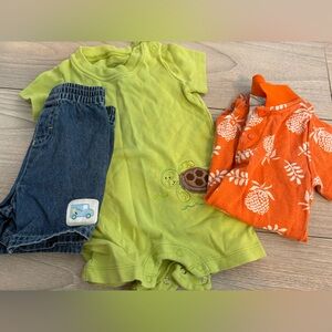Old Navy Blue Denim Shorts and Orange Floral Shirt Set